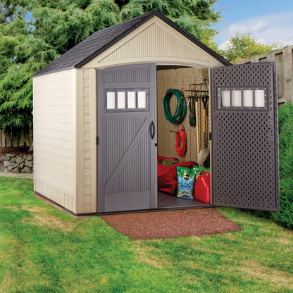 Rubbermaid Resin Outdoor Storage Shed with Floor (7 x 7 Ft) Weather Resistant, Brown Gable, Organization for Home/Backyard/Garden Tools/Lawn Mower/Bike Storage/Pool Supplies