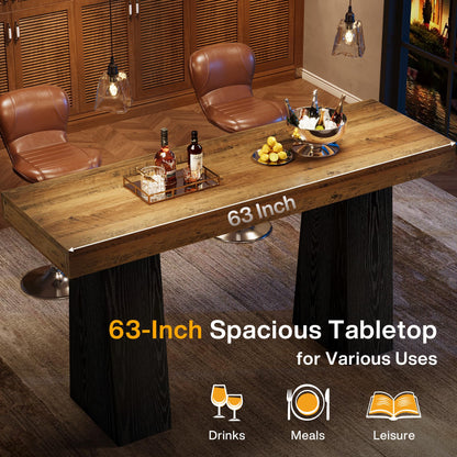 Tribesigns 63 Inch Wood Bar Table, Rustic Rectangular Bar Height Counter Table with Thickened Tabletop & Sturdy Base for Home, Basement, Event, Brown Black (1)
