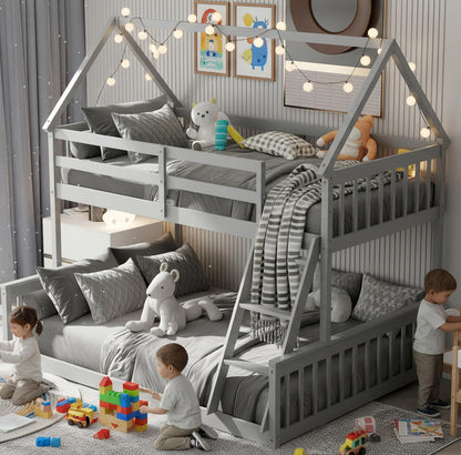 KOMFOTT Wood Twin Over Full House Bunk Bed with Built in Ladder, Solid Pine Wood Bunk Bed Frame with Safety Guardrails, House Bunk Bed Frame for Kids, Teens, Juniors, No Box Spring Needed (Grey)