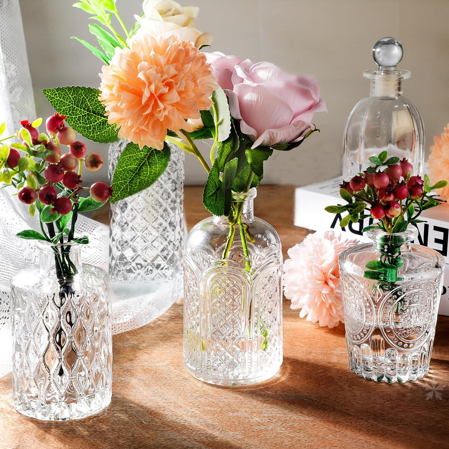 Clear Glass Bottles with Lids Bud Vases in Bulk Set of 12 Mini Flower Vase for Table Decor Small Bottle for Potion,Juice, Oils, Vinegar,Whiskey,Wine, with 2 Cleaning Brush,Dishwasher Safety