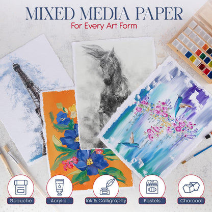 Wanderings Thick Handmade Watercolor Paper with Deckled Edge - 9" x 12" - 500GSM Premium White Cold-Pressed Textured Mixed Media Paper Made with Recycled Cotton - 15 Loose Leaf Sheets