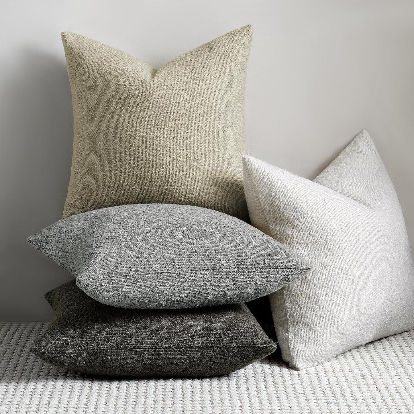 22 22 Inch Set 2, Cozy Throw Pillow Covers x of Beige Decorative Accent Solid Boucle Textured Pillow Cover, Neutral