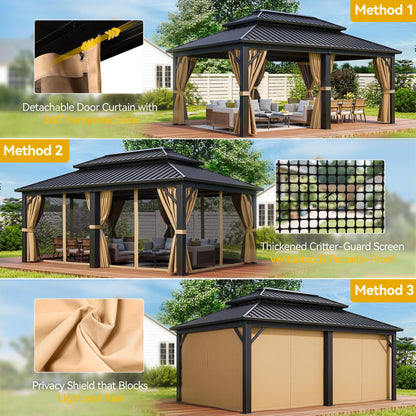 DWVO 12x18ft Aluminum Gazebo Hardtop Double Roof Canopy Outdoor Gazebo Galvanized Roof with Netting and Curtain Garden Tent for Patio, Backyard and Deck