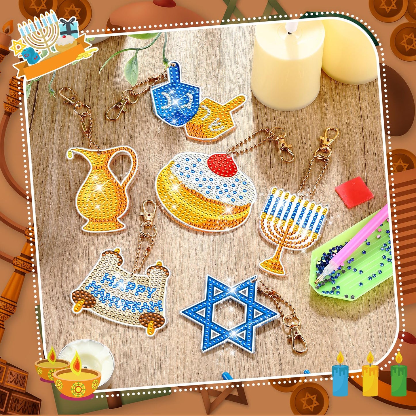 DEEKIN 30 Pcs Hanukkah Diamond Painting Keychains Hanukkah Crafts Ornaments Keychains Double Sided 5D Star Menorah Diamond Key Rings for Hanukkah DIY Birthday Party Supplies Favors