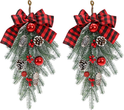 Regine Switzerland Christmas Swag - Decorative Outdoor Garland with Pine Cones & Red Bow | Teardrop Design