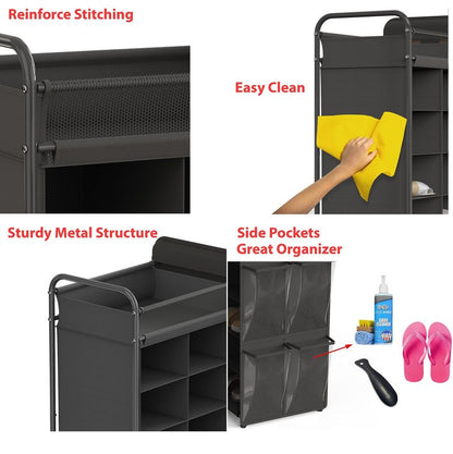 Simple Houseware 16 Cube Shoe Stand Tower Rack 8 Tier with Top Shelf and Side Hanging Pockets, Dark Gray