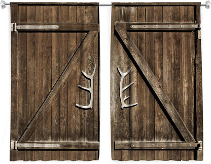 Cinbloo Farmhouse Kitchen Curtains, Rod Pocket 27.5W x 39L Inch Brown Barn Door Vintage Country Design, 2 Panels Set