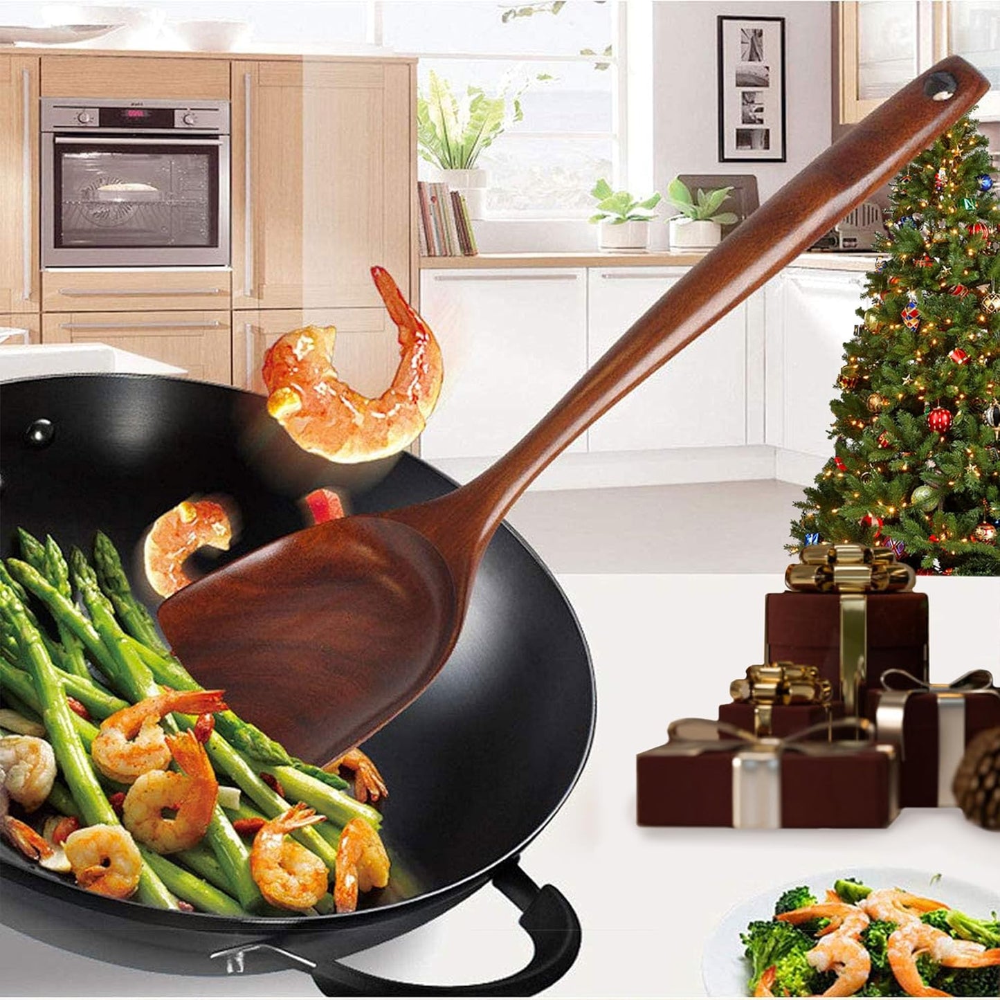 FJNATINH Wooden Wok Spatula Ladle Tool Set, 14-inch Long Handle Teak Spatula