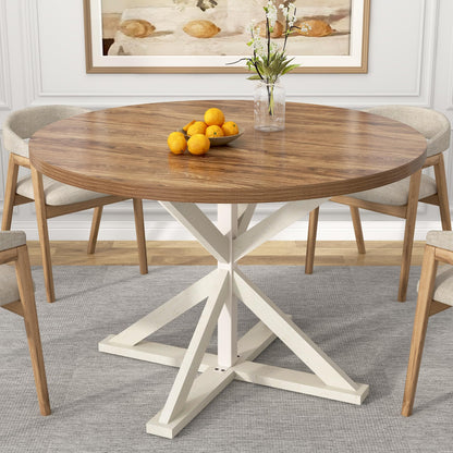 Round Wood Dining Table for Kitchen,Dining Room,Living Room,Farmhouse Dinner Tables W/Thickened Brown Wooden Waterproof Tabletop for 4 People,47 inch Rustic Kitchen Table W/Metal Support(OAK)