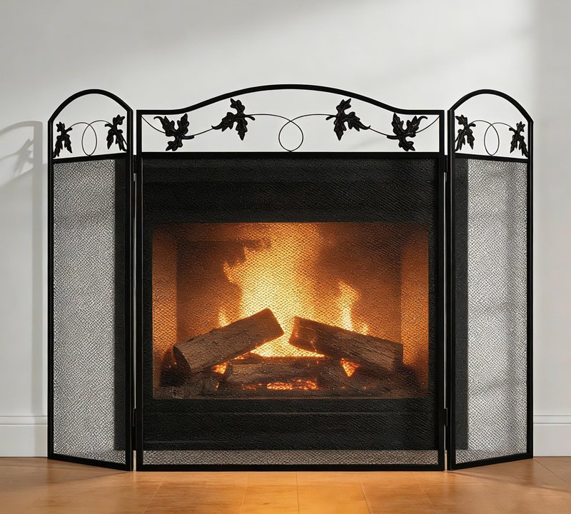Calidola 3-Panel Foldable Black Steel Fireplace Screen Spark Guard Fence,Leaf Design Screen Metal Decorative Mesh Cover