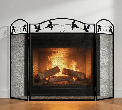 Calidola 3-Panel Foldable Black Steel Fireplace Screen Spark Guard Fence,Leaf Design Screen Metal Decorative Mesh Cover