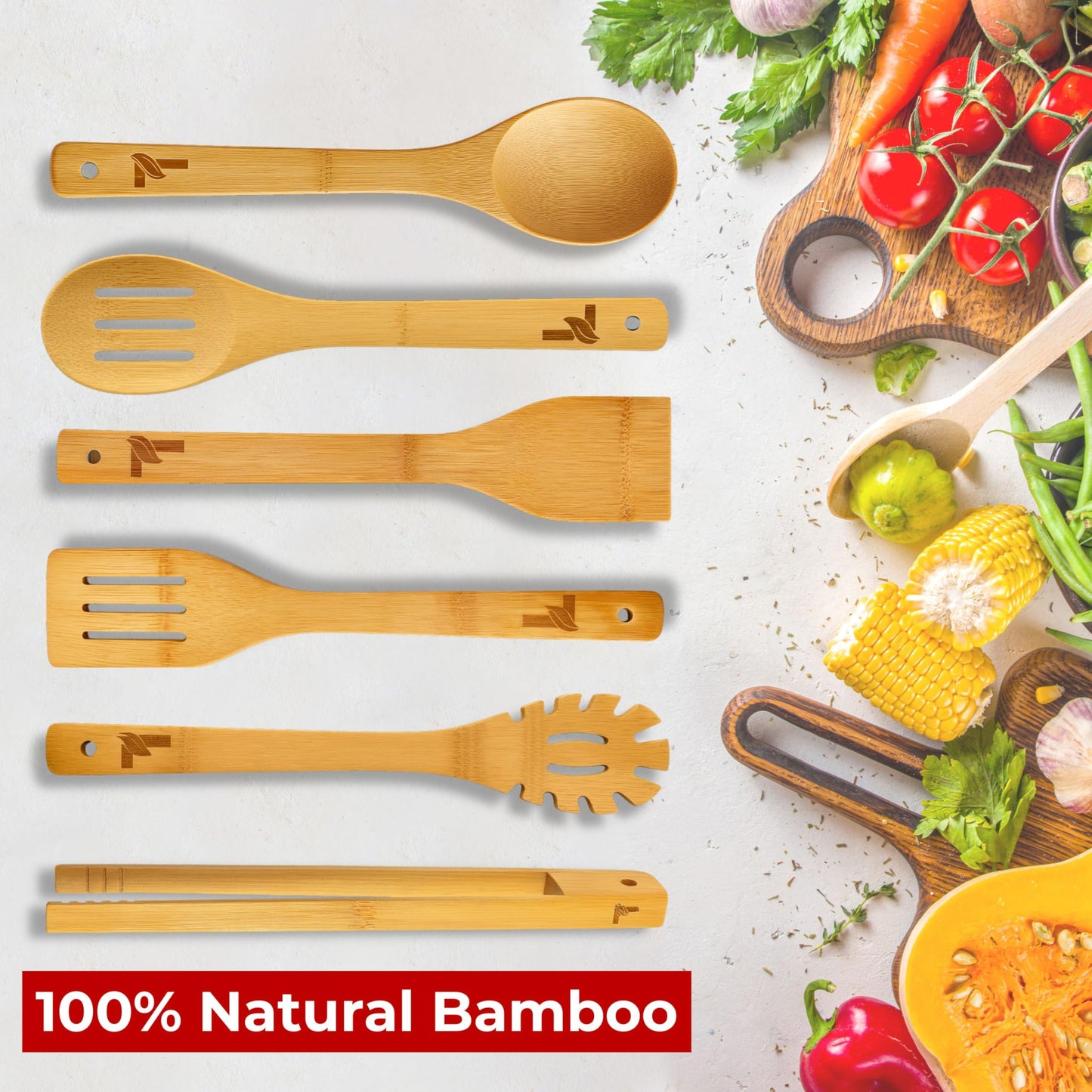 Luma Living Home Bamboo Kitchen Utensil Set, 7-Pieces Natural Cooking Utensils for Nonstick Cookware, Eco-Friendly Wooden Spoons and Spatulas for Cooking
