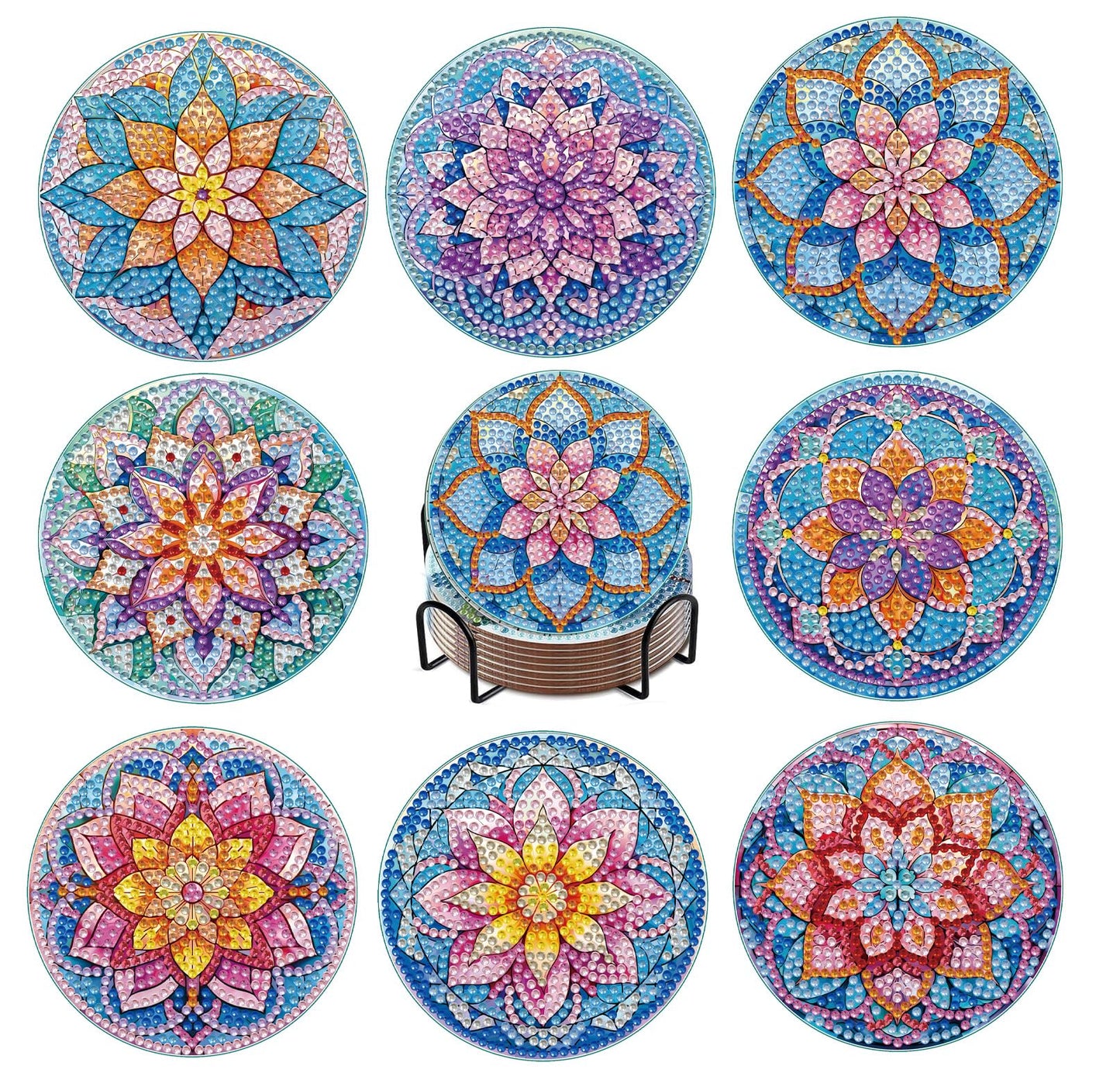 8 PCS Lotus Diamond Art Coasters Kits, Diamond Painting Coasters with Holder Set of 8, DIY Drink Coasters Art Crafts Supplies for Adults Cup Mat for Home Decor House Warming Gifts Non-Slip 3.9inch