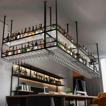 59IN Ceiling Wine Glass Rack with light, Acrylic Hanging Wine Rack with Glass Holder and Transparent Shelves, Wine Bottle Holder Goblet Stemware Racks Modern Home Bar Coffee Decor Rack (150CM)