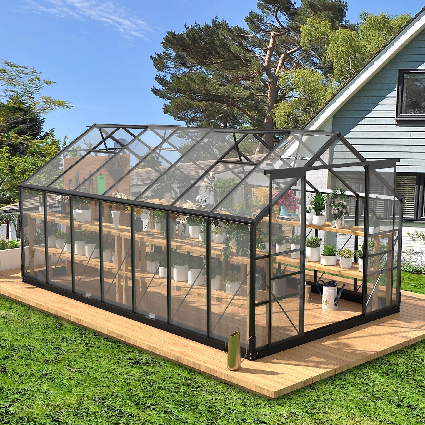 Greenhouses for Outdoors, 8x14.2 FT Polycarbonate Greenhouses with Adjustable Roof Vent, Aluminum Frame Green Houses for Garden with Sliding Doors, Windproof (8x14.2FT)