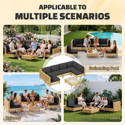 LHBcraft 7-Piece Wicker Outdoor Patio Furniture Set, Modular Rattan Outdoor Furniture, Patio Conversation Sets, Handmade Rattan, Water Resistant Fluffy Cushions and Coffee Table, Black