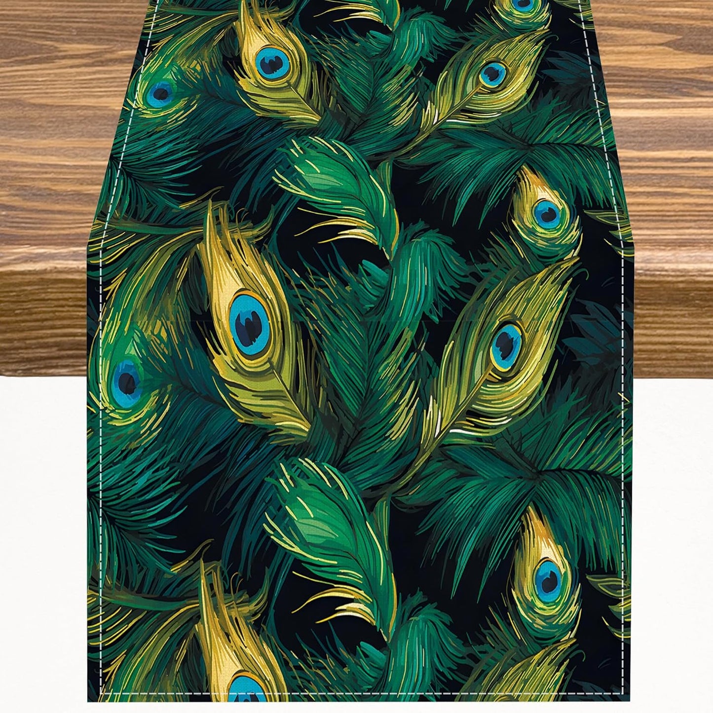 13x36 inches Peacock Table Runner Green Feathers Pattern Table Runner Table Cloth Decoration Dresser Garden Farmhouse
