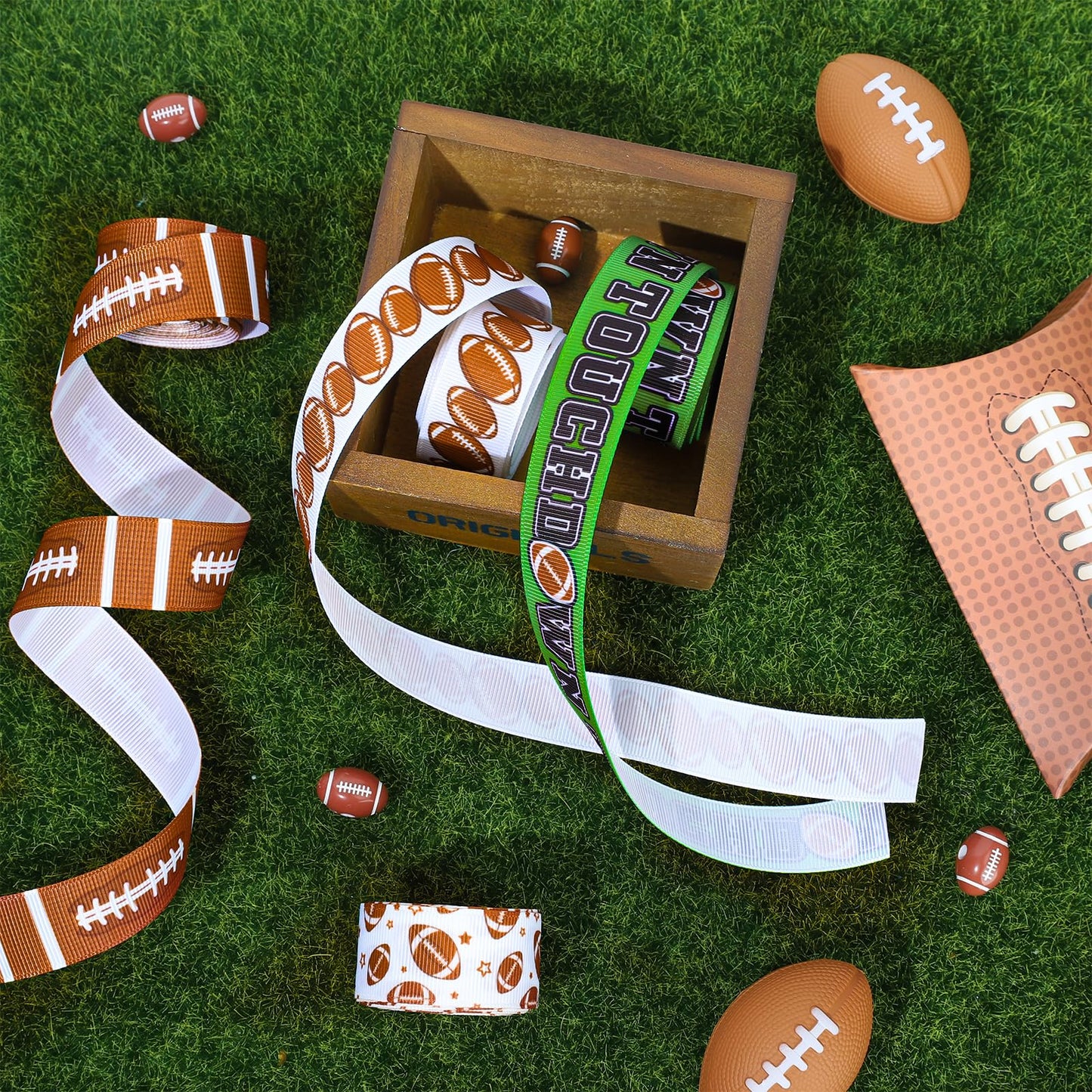 Whaline 6 Rolls Football Grosgrain Ribbon 30 Yards Rugby Ball Field Decorative Fabric Ribbons Team Sports Wrapping Ribbon for Party Decor DIY Bow Wreath Crafts Making, 7/8 Inch