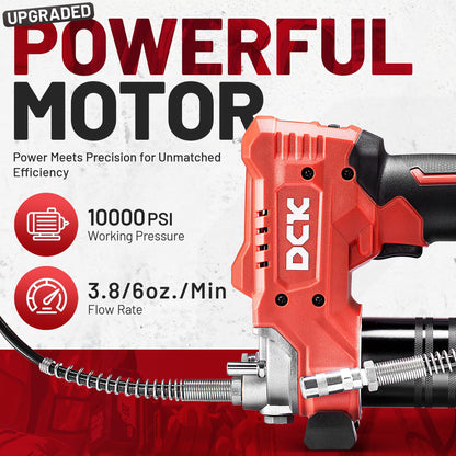 DCK 20V Electric Grease Gun Kit, 10000PSI Cordless Grease Gun with 2×4000mAh Battery and 2.0A Charger, 6oz/Min Max Variable Speed, 40" Long Hose, Lockable Grease Nozzle, LED Light for Farm, Truck