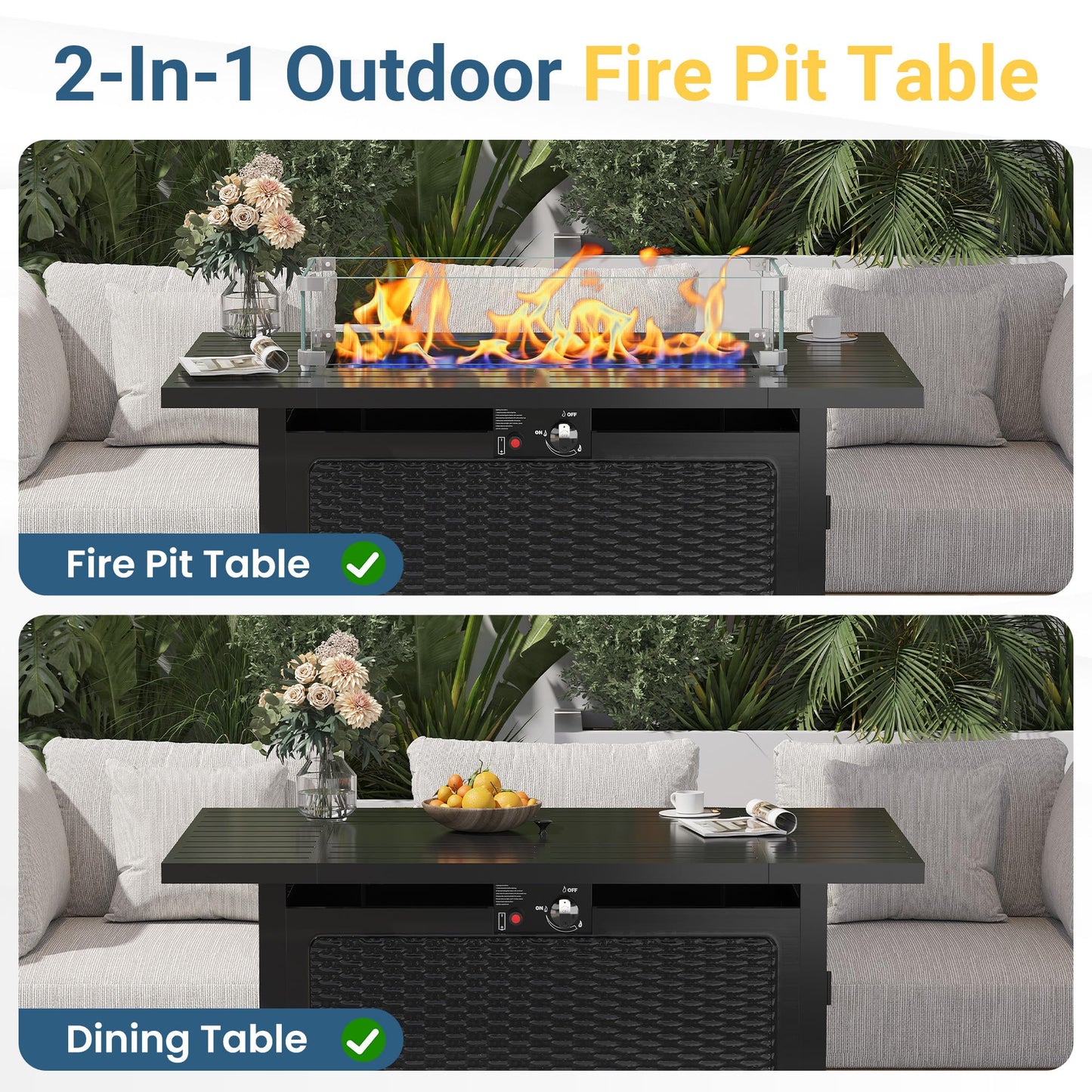 FansaFurn 43” Outdoor Propane Fire Table Set with Heavy-Duty Glass Stones, Glass Wind Guard, Lid & Water-Resistant Cover, 50,000 BTU Metal Fire Pit Table, Rectangle Fire Pit Table for Patio, Deck