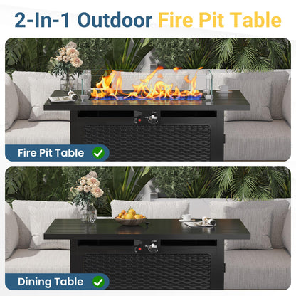 FansaFurn 43” Outdoor Propane Fire Table Set with Heavy-Duty Glass Stones, Glass Wind Guard, Lid & Water-Resistant Cover, 50,000 BTU Metal Fire Pit Table, Rectangle Fire Pit Table for Patio, Deck