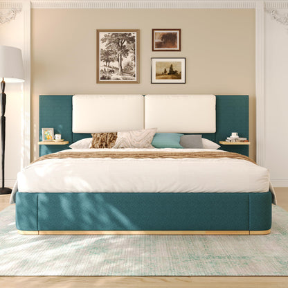 Merax Queen Size Upholstered Platform Bed Frame with Large PU Leather Headboard and Bothside Shelves, Modern Bedroom Furniture & Solid Wood Slats Support, No Box Spring Needed, Easy Assembly, Green