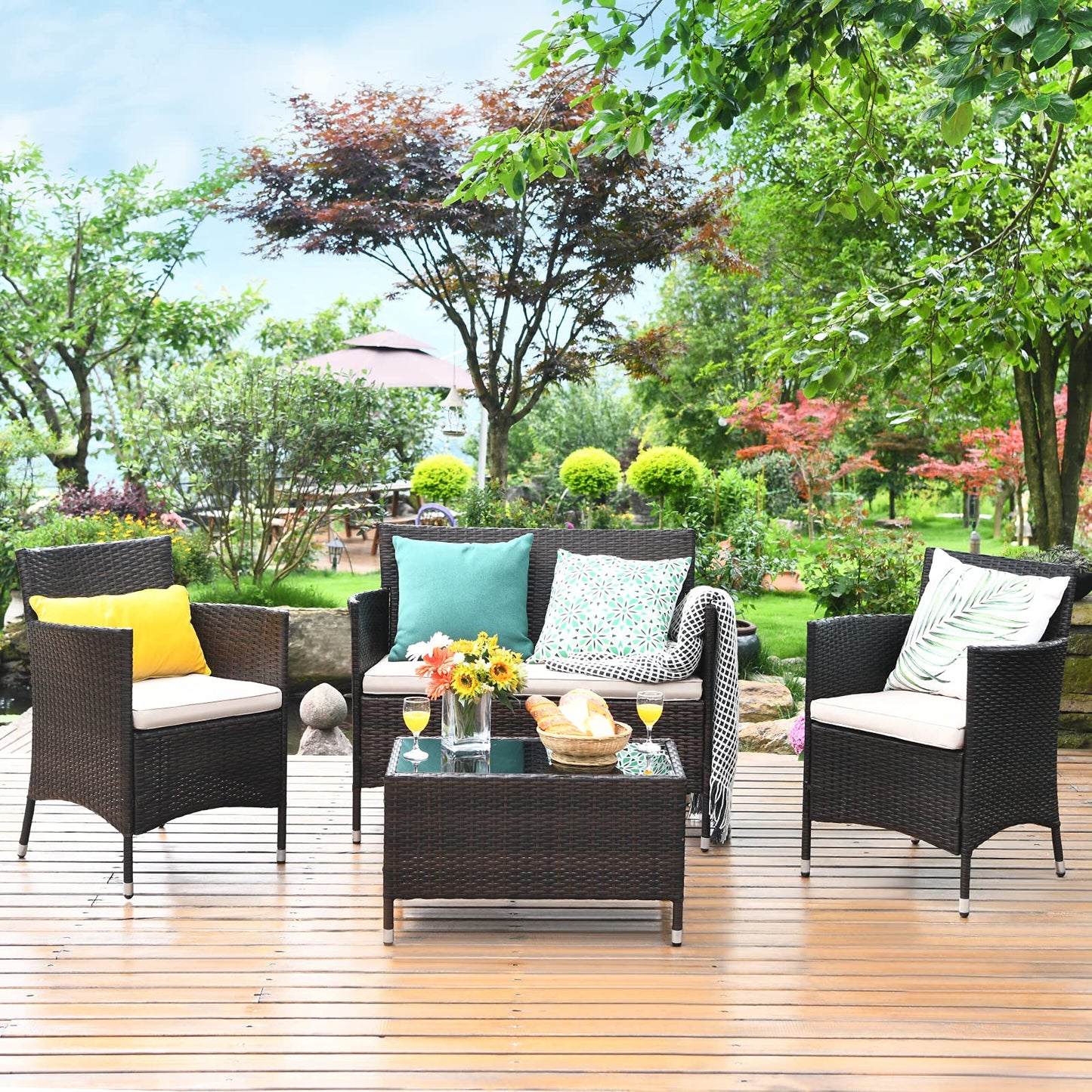 COSTWAY 8PCS Rattan Patio Furniture Set, Outdoor Wicker Rattan Chairs with Coffee Table, Rattan Cushioned Conversation Set for Backyard Balcony Porch Poolside, Brown