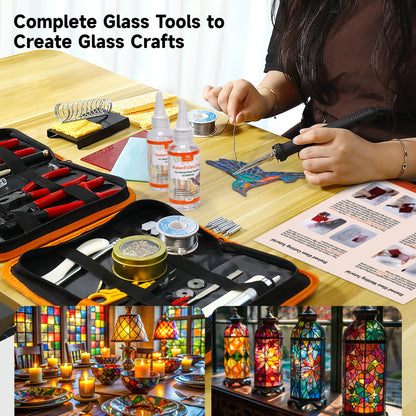 PP OPOUNT Stained Glass Kit for Beginners & Adults, Complete Stained Glass Making Kit with 100W Adjustable Soldering Iron, Glass Cutting Tools, Diamond Cutter Set & Instructions for DIY Glass Crafts