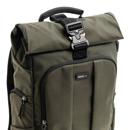 Think Tank FocusPoint 30L RollTop Camera Backpack - Greenway: Expandable Travel & Camera Backpack with Laptop Sleeve, Quick Side and Back Access, Rain Cover – Versatile Photography & Travel Bag