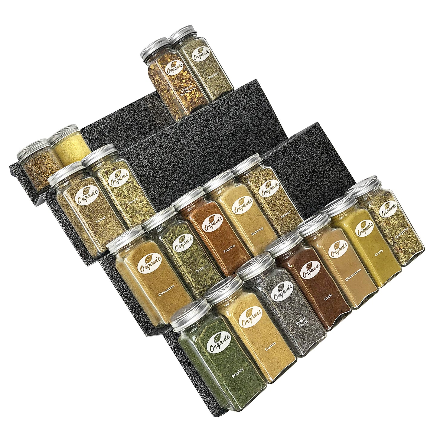 LYNK PROFESSIONAL® Spice Drawer Organizer - Heavy Gauge Steel 4 Tier Rack - Drawer Insert Tray for Jars, Herbs and Seasoning - Kitchen Cabinet Storage - Silver Metallic, Large