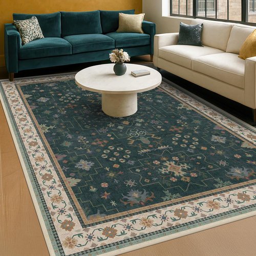 Hazo Haus Dark Green Oushak 5x7 Area Rug - Modern Vintage Boho Floral Design, Washable Non-Slip for Living Room