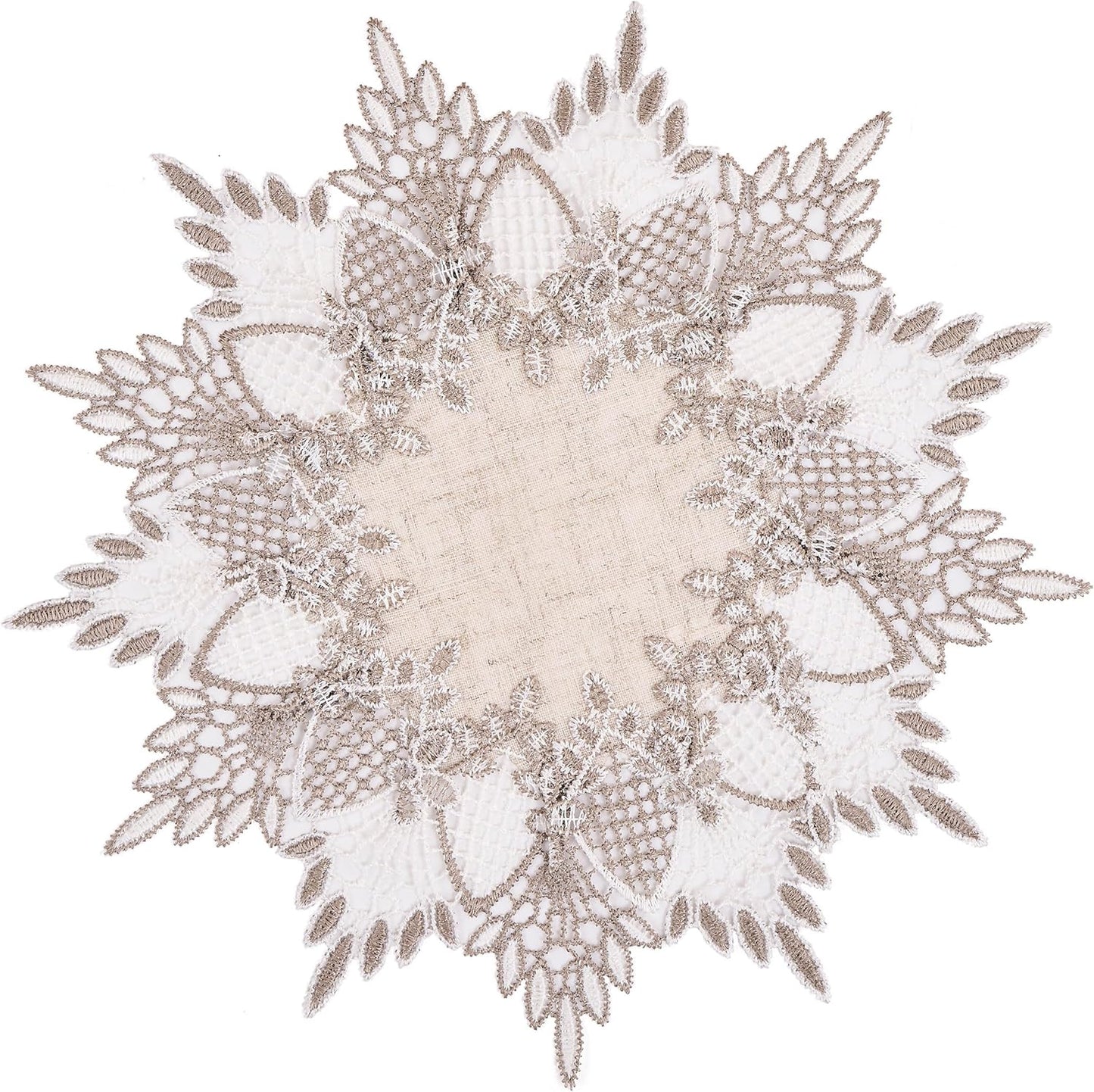 11 inches White Linen Doily Round Neutral Earth Tones Beige Lace Coffee Table Topper Dresser Scarf Place Mats
