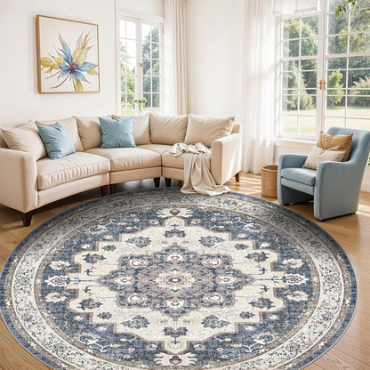 Skiennix Washable Circle Rug - 6ft Round Ultra Thin Soft Carpet | Water Resistant Floral Design in Blue