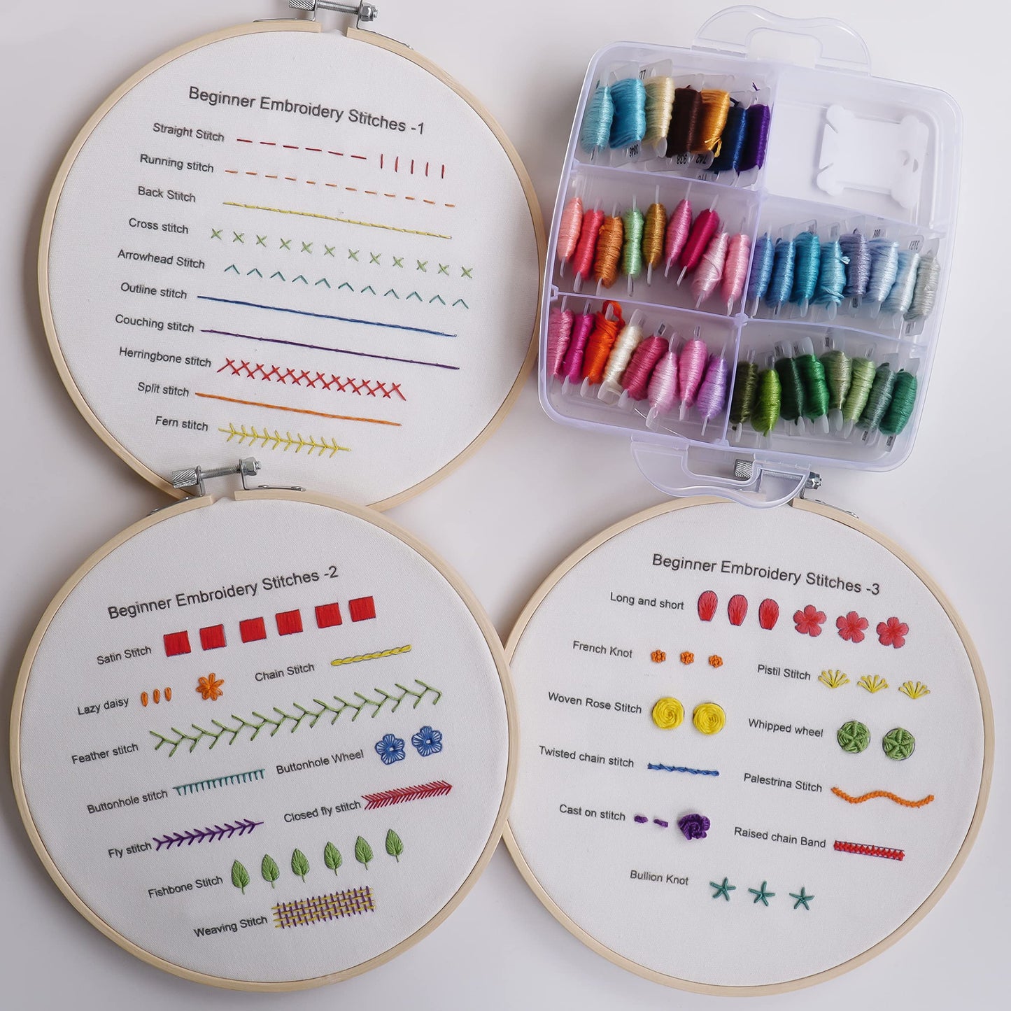 Bonroy Beginners Embroidery Practice kit 3 Sets to Learn 30 Different Stitches for Craft Lover Hand Stitch with Embroidery Fabric with Skill Techniques