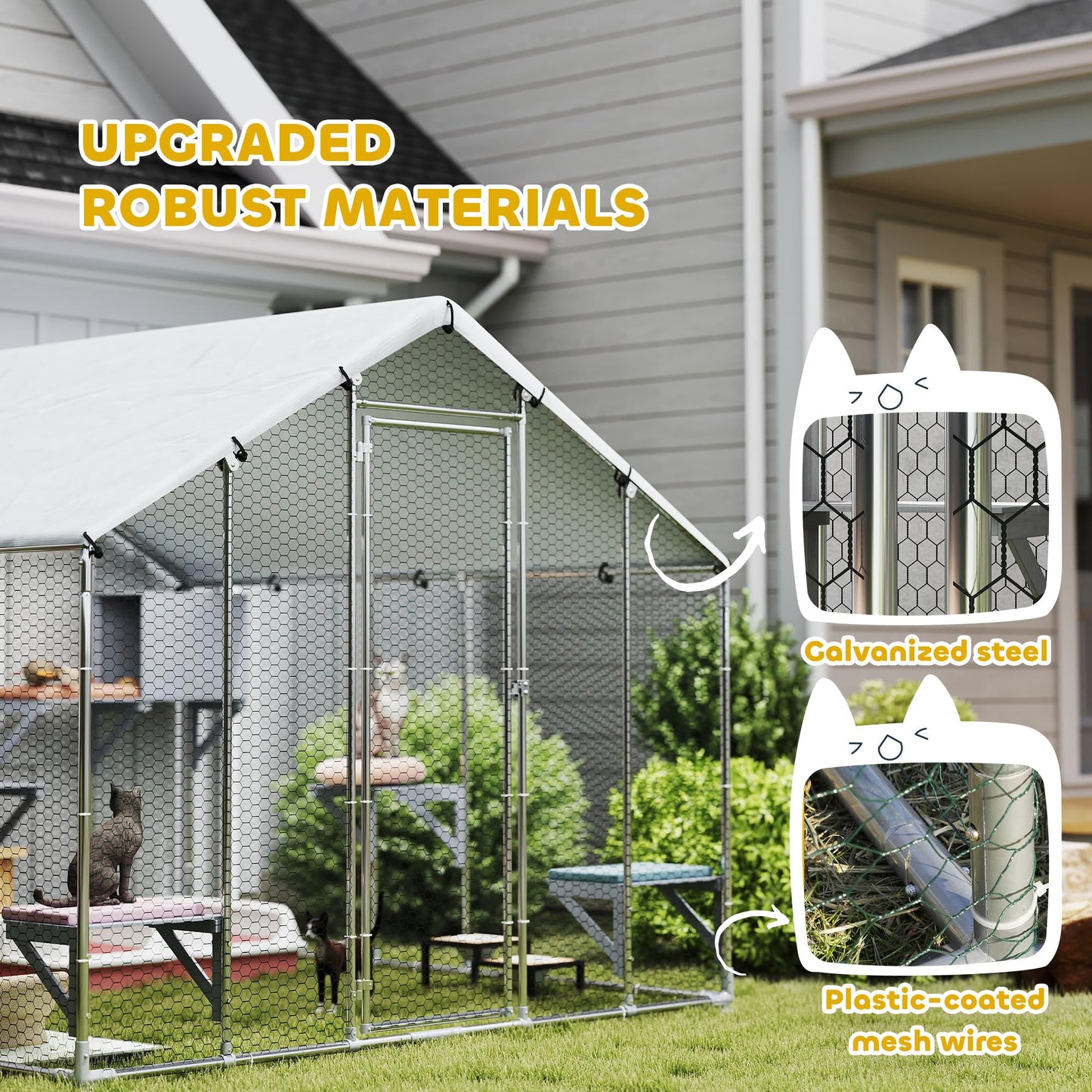 PawHut Catio Outdoor Cat Enclosure, 95" Extra Large Walk-in Cat House with Waterproof Cover, 2 Resting Boxes, 7 Jumping Platforms, Chicken Run Coop, Rabbit Hutch, Feral Cat Shelter Pointed Roof