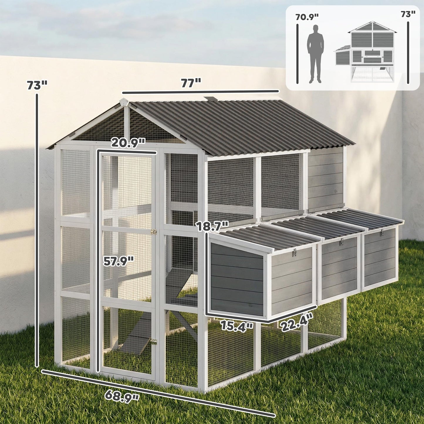PawHut 77" Large Chicken Coop for 6-8 Chickens, Outdoor Wooden Hen House Poultry Cage with Run, 3 Nesting Boxes, Waterproof Roof, Removable Tray, Ramp for Farm Backyard, Gray