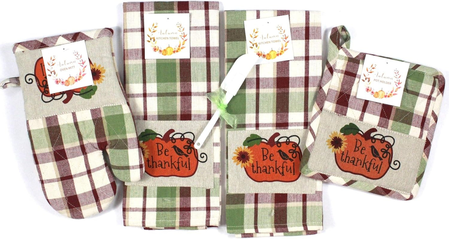 Autumn Kitchen Towels and Pot Holder Set, Fall Pumpkin with Sunflower and Bird Accent