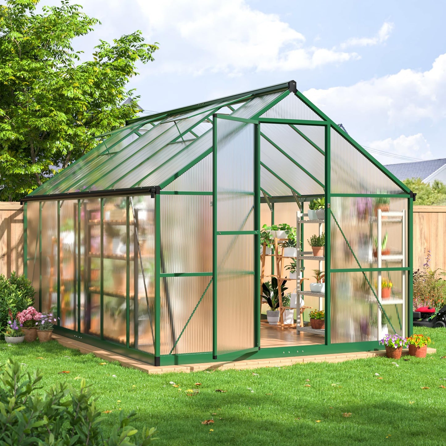 AirWire 8×12 FT Walk-in Greenhouse for Outdoors, Polycarbonate Greenhouse Kit with Roof Vent, Large Heavy Duty Green Houses for Outside Backyard Patio Garden, Green