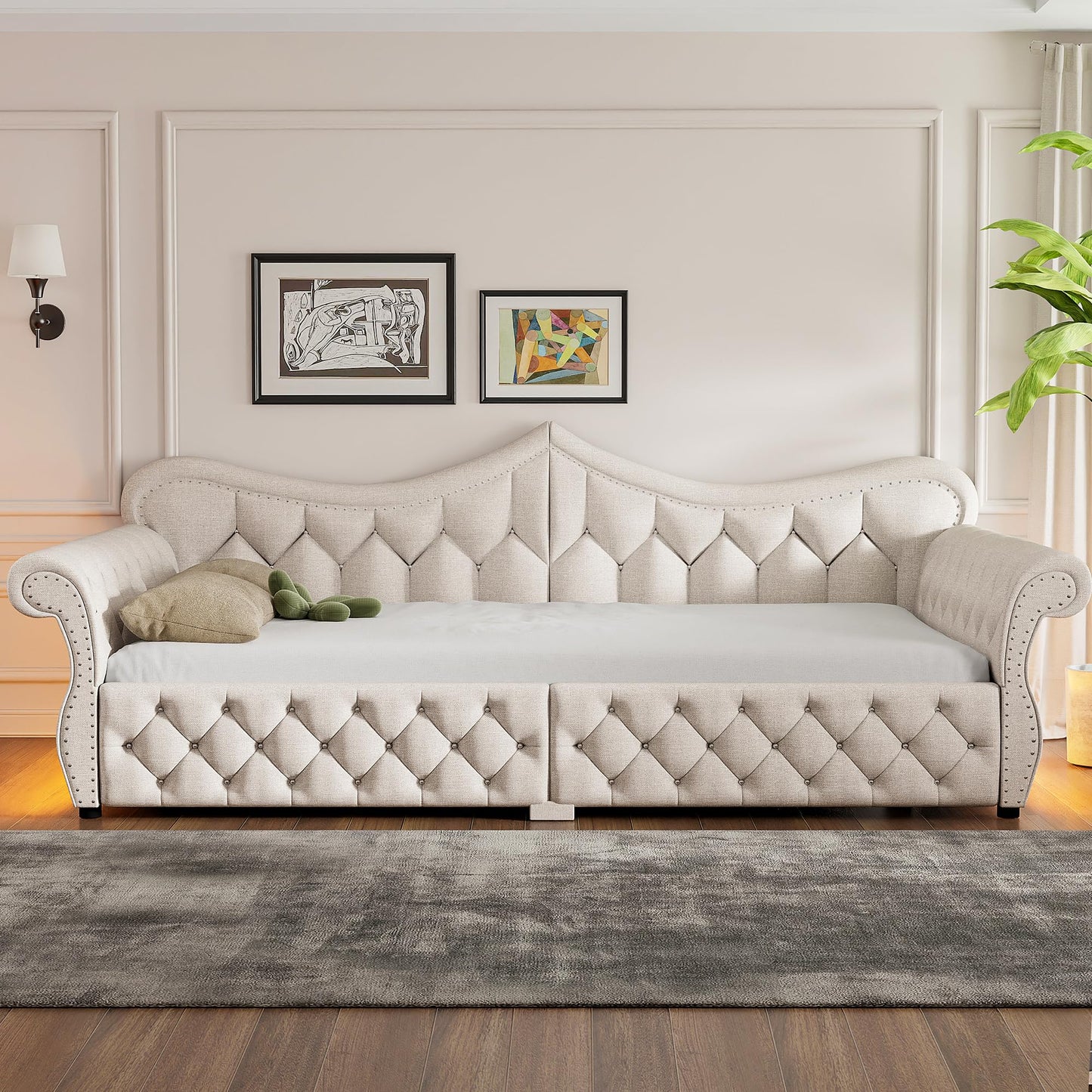 Merax Queen Size Upholstered Daybed with LED Lights, Convertible Sofa Bed, Tufted Daybed with Nailhead Trim, Wooden Frame Guest Bed for Living Room Bedroom, Beige
