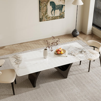 86" Modern Rectangular Dining Table for 8-10, Glossy Kitchen Table with Glossy White Glossy Sintered Stone Tabletop, and Black Stainless Steel Base (Table Only)