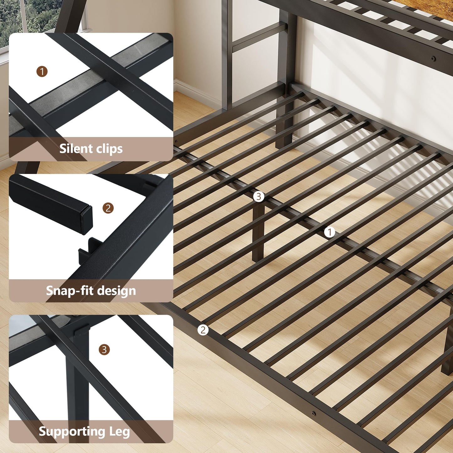 Feonase Bunk Beds Twin Over Full Size, Heavy Duty Metal Bunk Beds with Safety Guardrail & Ladders, Steel Loft Bed Frame for Teens and Adults, Apartment or Dorm, Noise Free & Easy Assembly, Retro