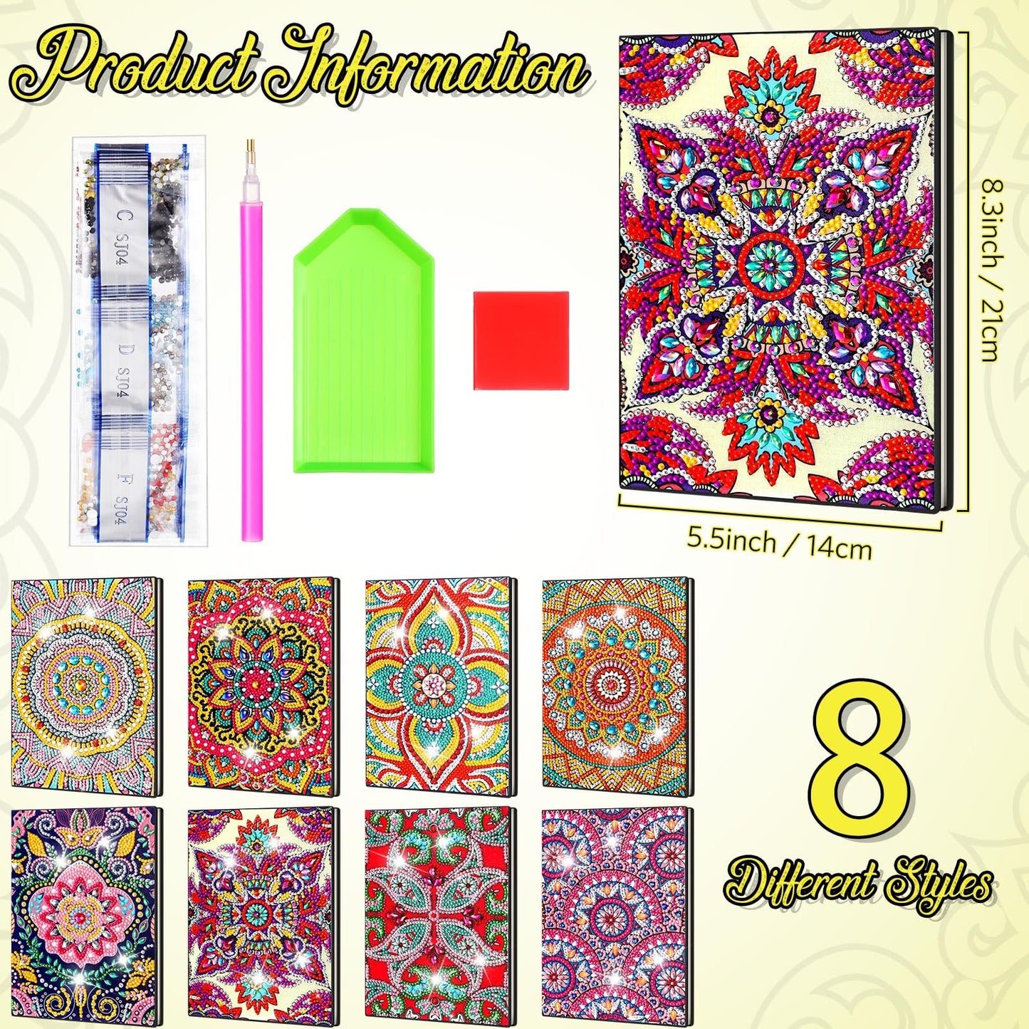 Tenceur 8 Pcs Diamond Art Notebooks Kits for Adult DIY 5D Colorful Mandala Flower Journal Notebook Notepad Sketchbook with Tools Birthday Gifts for Study Home Office Art Drawing