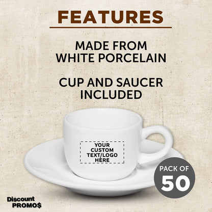 Custom Porcelain Espresso Cups with Saucer 2.5 oz. Set of 50, Personalized Bulk Pack - Perfect for Coffee, Tea, Espresso, Hot Cocoa, Other Beverages - White
