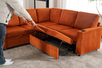 KEIKI 83" 4Seat Modular Sectional Sleeper Pull Out Bed Corduroy Sofa Couch with Chaise Storage Reversible USB Cup Holders for Creative Studio Modern Soft Bedroom Family Friendly Quality Design Orange