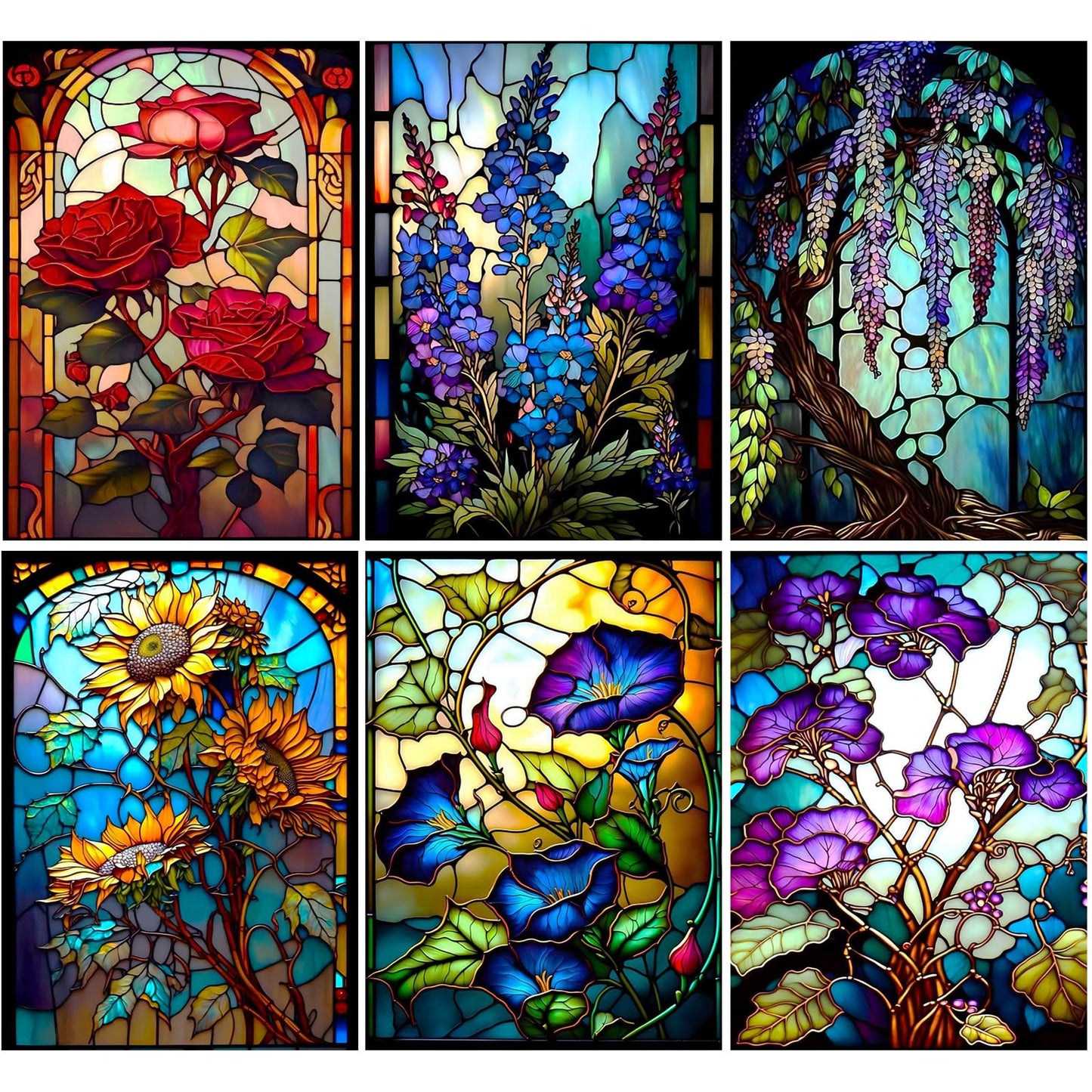 HITO 6 Pack Diamond Painting Kits for Adults-Flower Diamond Art Kits for Adults, Stained Glass Flowers Diamond Painting for Home Wall Decoration (Flowers, 12x16inch)