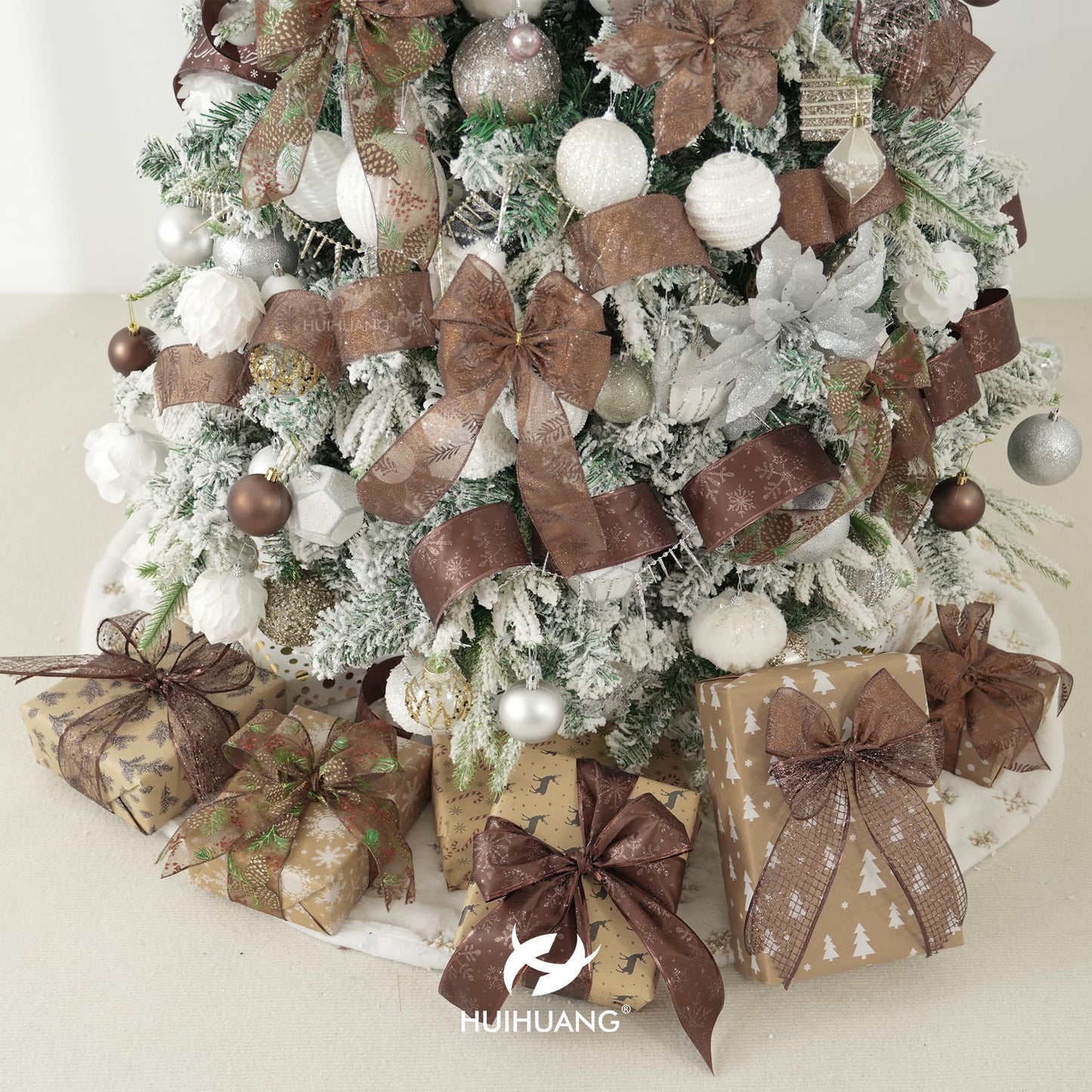 HUIHUANG Brown Wired Ribbon for Christmas Tree Pine Cone Ribbon Wired Brown Glitter Christmas Ribbons for Bows, Wreaths, Garland, Wrapping Crafts, Fall Decorations (2.5" x 6 Rolls, 36 Yds Total)
