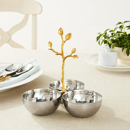 Elegance Golden Vine Hammered Triple Bowl, Silver/Gold