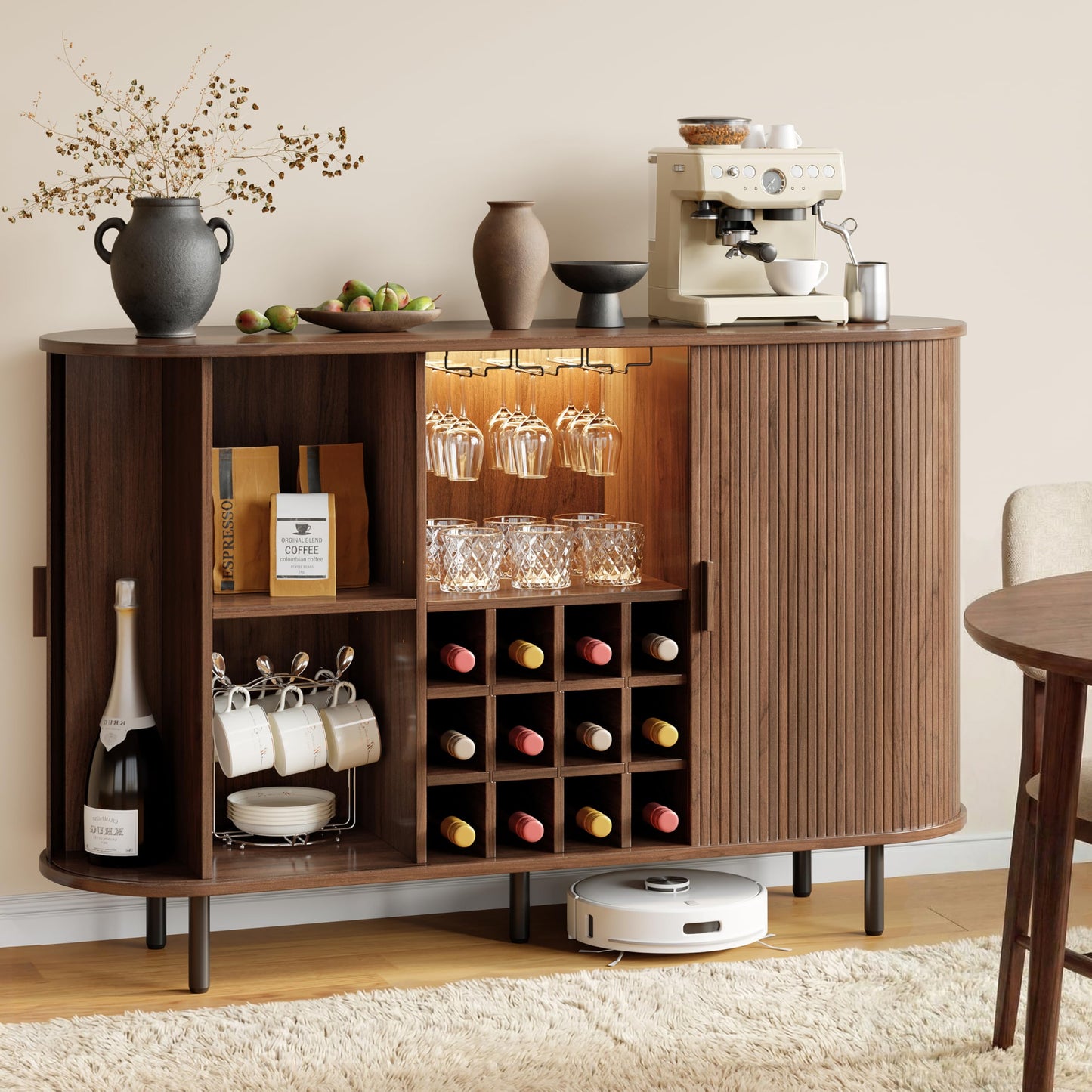 55" Wine Cabinet, Fluted Coffee Bar Cabinet with LED Light, Modern Liquor Coffee Station with Power Outlet, Wine Rack & Glass Holder, Sliding Door Buffet Sideboard Table for Kitchen, Entryway, Walnut