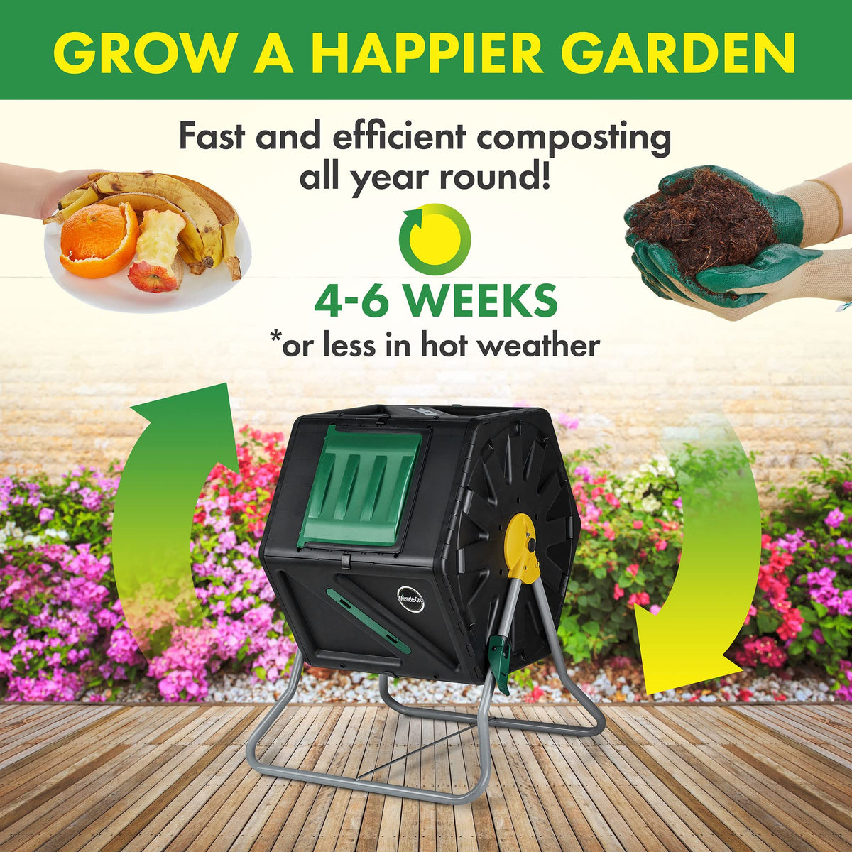 Miracle-Gro Compost Tumbler Single Chamber – Easy-Turn Composter Tumbler Outdoor for Fast Composting – Heavy-Duty Composting Bin with 1 Sliding Door (1 x 27.7 Gallon / 105 Liter)