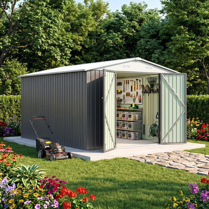 Greesum 10x12 FT Outdoor Storage Shed, Weather-Resistant Metal Tool Shed with Lockable Doors & Ventilation for Patio, Backyard, Poolside (Gray)